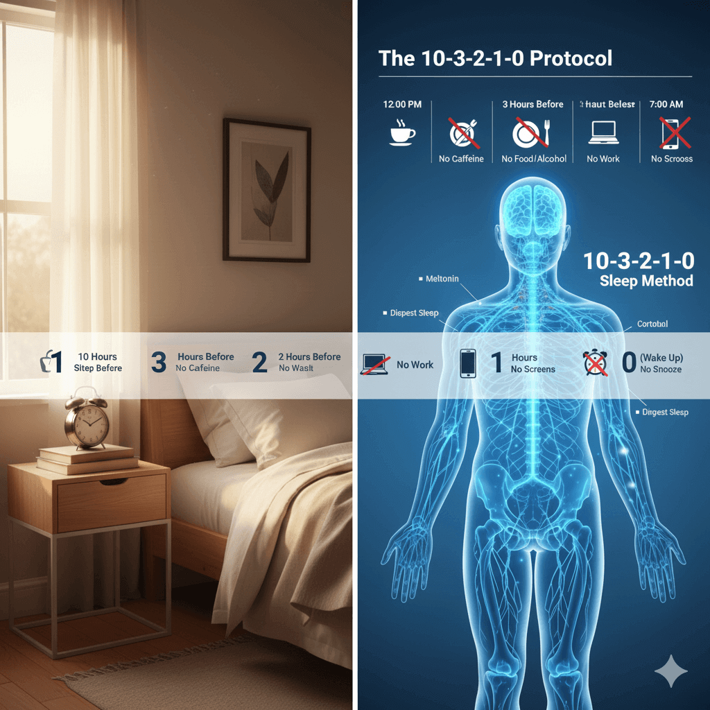 Infographic showing the 10-3-2-1-0 sleep method routine for better circadian rhythm and deep recovery.