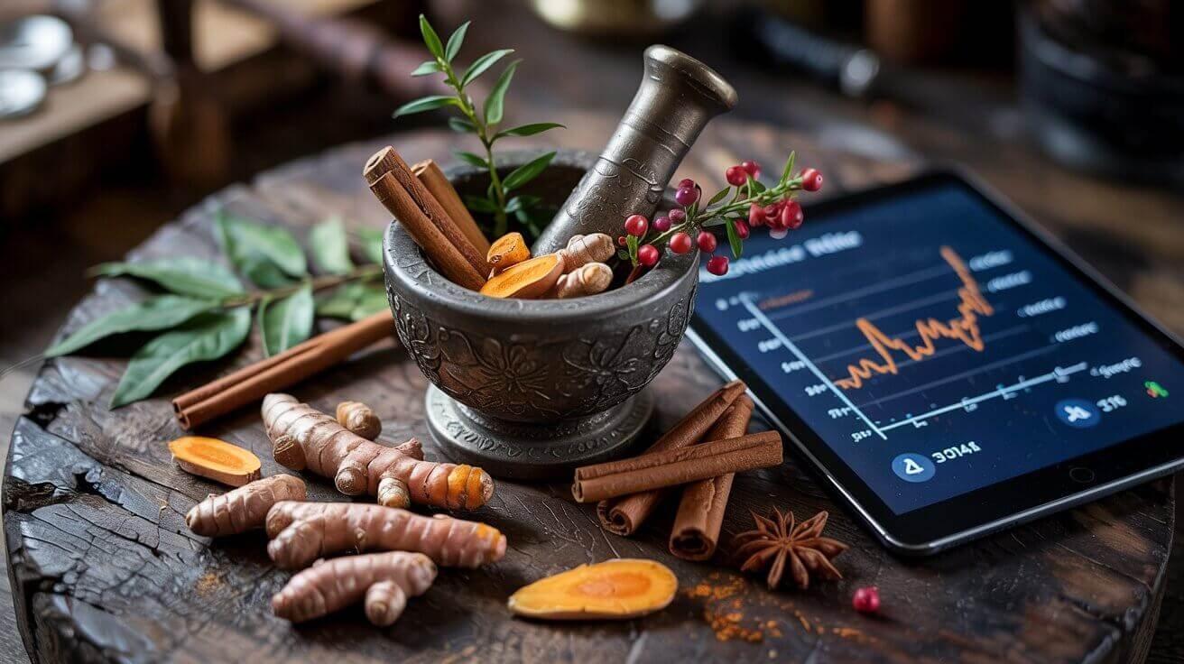 A selection of metabolic-supportive herbs like turmeric, cinnamon, and barberry used in natural remedies for metabolic syndrome.