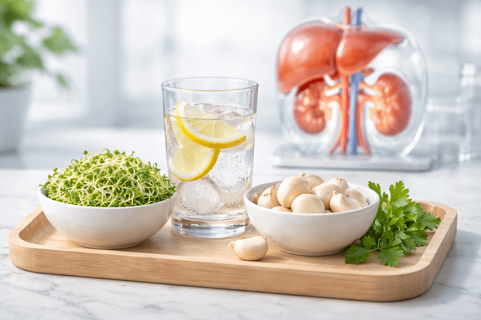 Medical-grade illustration of natural liver and kidney detox foods and organ pathways.