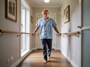 Balance exercises for fall prevention demonstrated with a heel-to-toe walk along a wall.