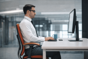 Sitting Too Much: How This Daily Habit Shortens Lifespan 2 Man sitting with correct ergonomic posture while working at an office desk