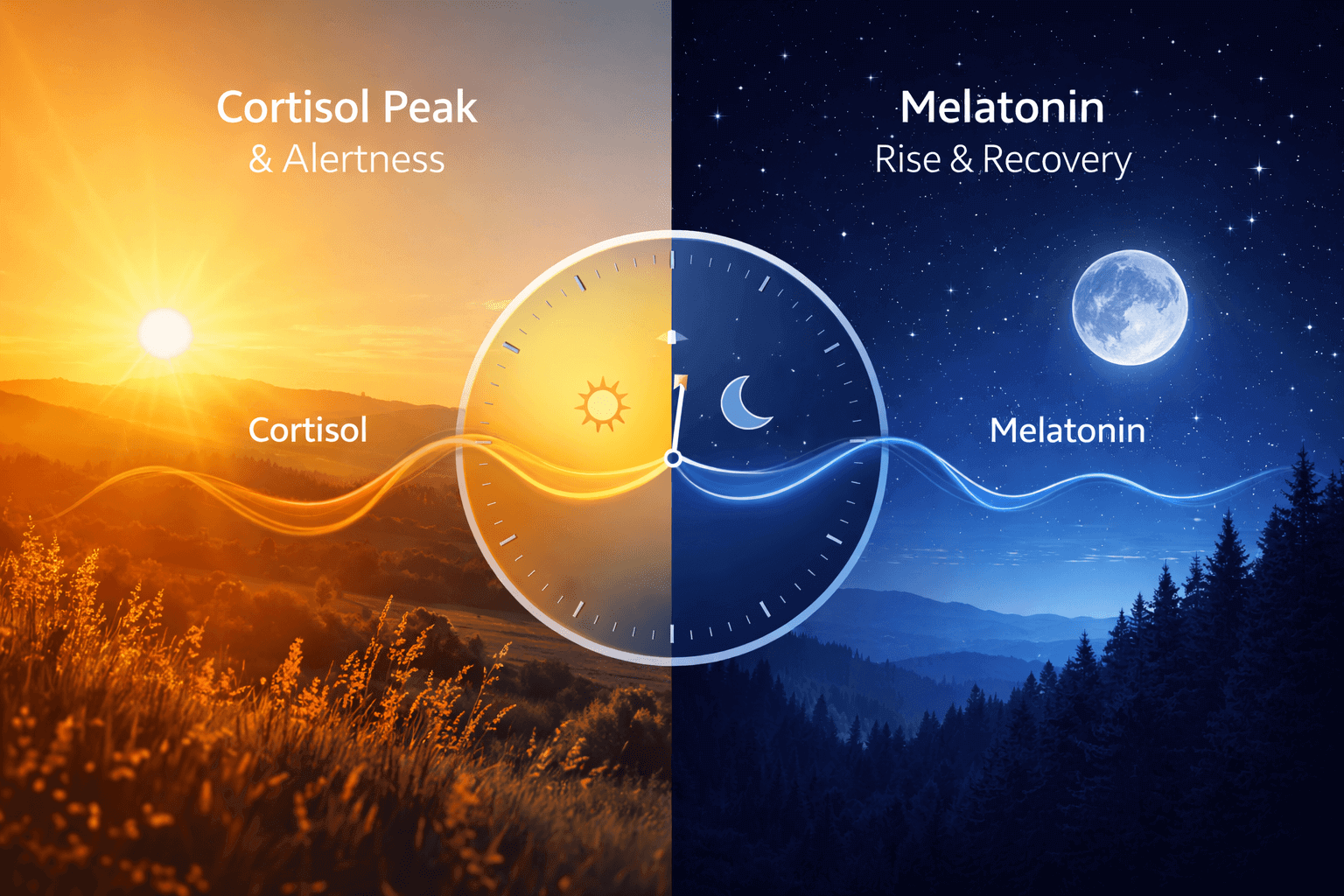 Infographic showing the inverse relationship between cortisol and melatonin hormones for a healthy circadian rhythm.