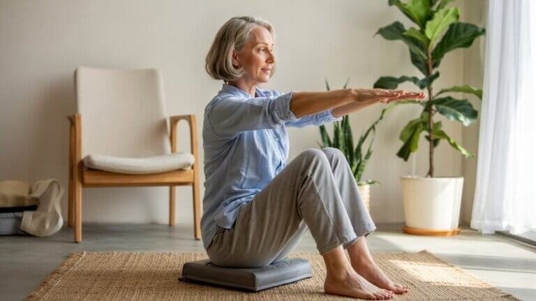 Gentle exercise at home shown with a controlled sit-to-stand from a chair in natural light.