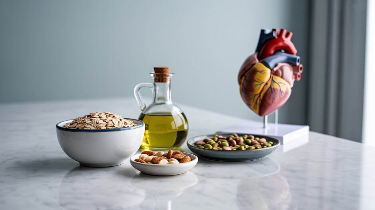 Medical-style still life of heart-healthy foods that support lowering LDL cholesterol naturally.