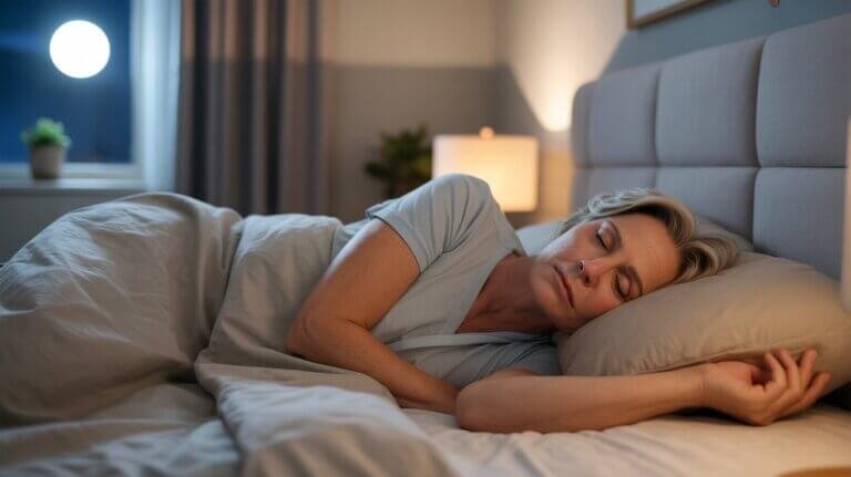 Adult sleeping peacefully in a calm bedroom representing how to increase deep sleep naturally.