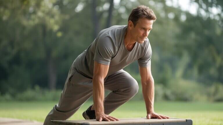 Leg strength for mobility shown with a controlled step-up exercise outdoors in natural light.