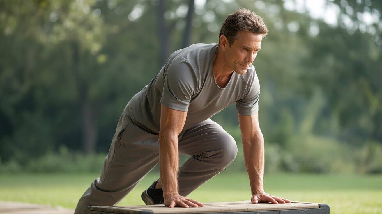 Leg strength for mobility shown with a controlled step-up exercise outdoors in natural light.