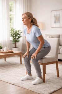 Leg strength for mobility demonstrated with a sit-to-stand chair exercise at home.