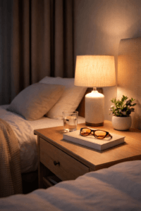 Warm dim bedside lighting and darkened room setup showing a sleep-friendly environment that supports natural melatonin signaling.