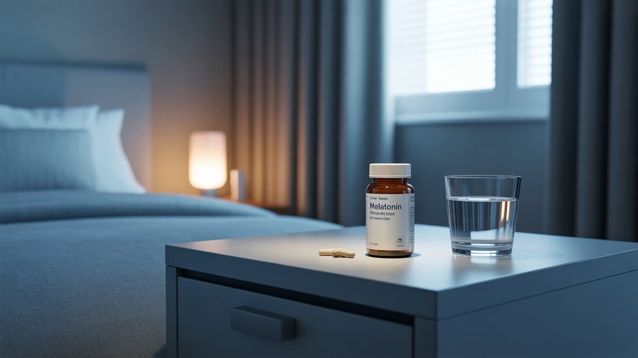 Melatonin supplement on a bedside table in a calm, dim bedroom setting representing circadian rhythm and sleep timing.