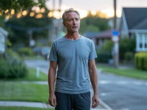 Adult outside in early morning daylight to support circadian rhythm and deeper sleep.