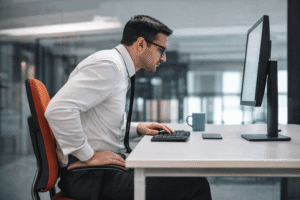 Sitting Too Much: How This Daily Habit Shortens Lifespan 3 Comparison of poor and correct sitting posture at a desk and lower back pain