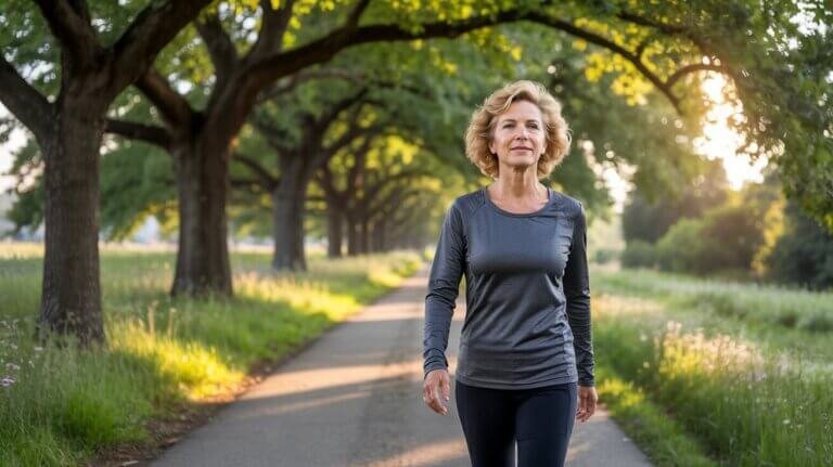 Walking and daily movement shown with a brisk outdoor walk in natural daylight.
